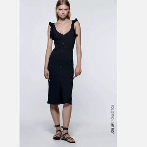 ZARA Black Button-Down Ruffled Sleeve Dress Size Small NWOT